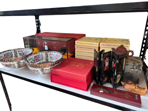 Pair of Cantonese style Famille Rose bowls, Chinese Ruyi Sceptre in display...