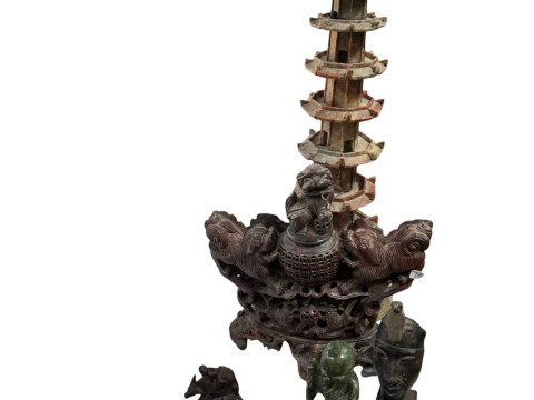 Chinese lacquered cabinet, Pagoda ornaments, soapstone Foo Dog incense...