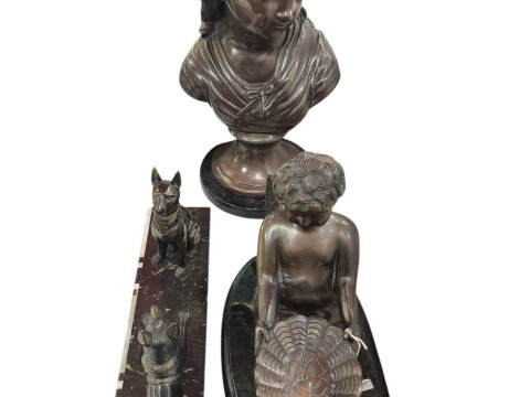 Bronzed bust on marble stand, bust of cherub on marble base and two bronzed...