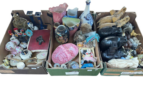 Three boxes of elephant ornaments, Maling pottery vases, various china,...