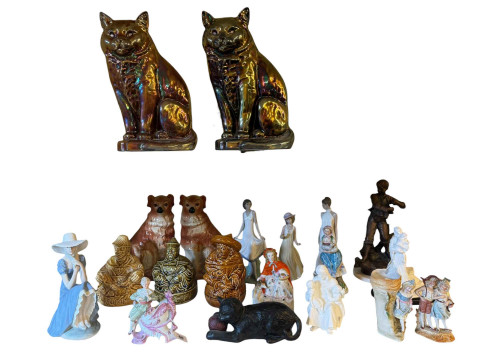 Two 'Cat' fire iron stands, together with china including Nao figures,...
