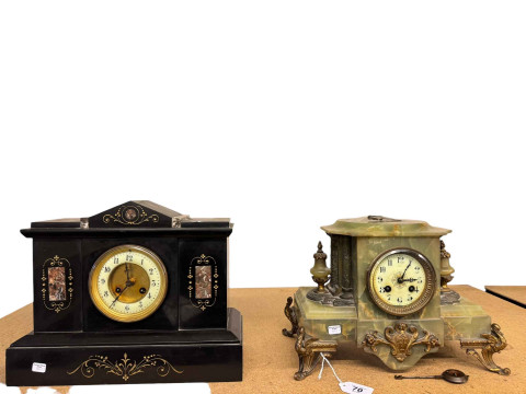 Victorian green marble and gilt metal mantel clock and black marble clock...