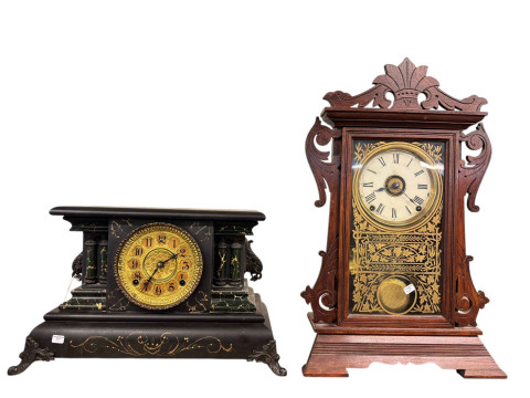 Two American mantel clocks, gingerbread and marble effect painted.