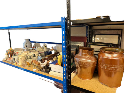 Collection of pottery including Wedgwood mugs and Chinese, pictures, label...