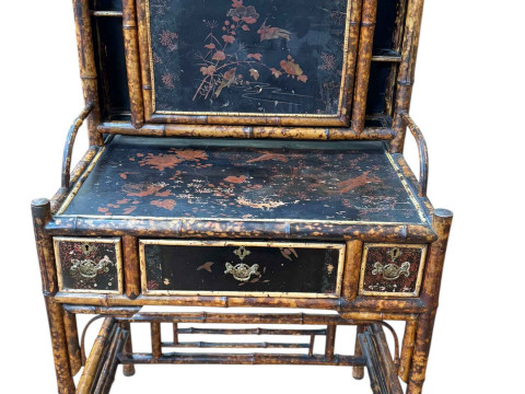 Victorian bamboo and lacquered escritoire, the fall front having leather...