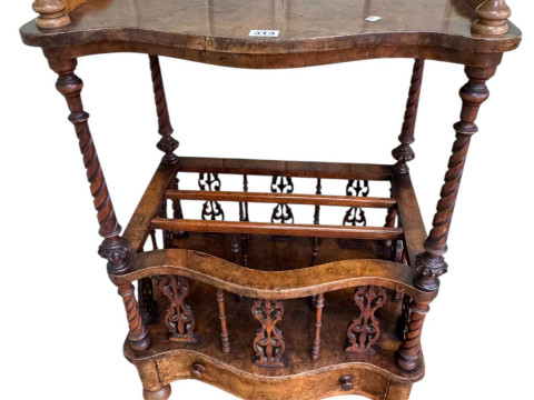 Victorian burr walnut Canterbury whatnot with serpentine shaped front,...