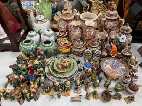 Chinese ginger jars, various figures, Japanese Satsuma vases, and Oriental...