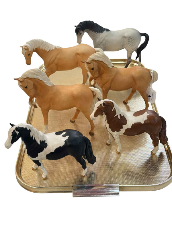Six Beswick Horses; Pinto Pony, Skewbald Pony, three Palomino Horses and a Dapple Grey Horse.