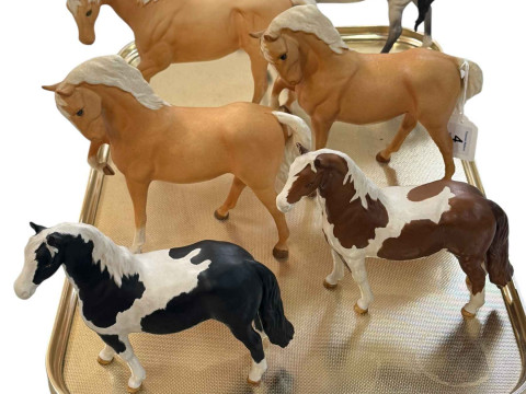 Six Beswick Horses; Pinto Pony, Skewbald Pony, three Palomino Horses and...