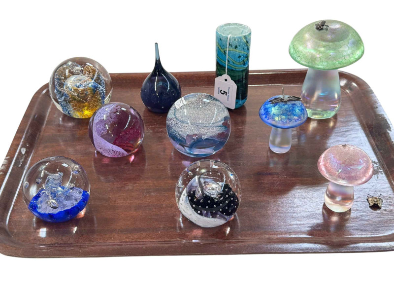 Collection of glass paperweights including John Ditchfield and Caithness.