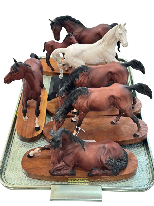 Six Beswick Horses on wooden plinths including Spirit of Affection, The Wind x 2, Nature x 2, and Of peace.