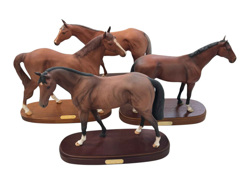 Four large Royal Doulton Horses on wooden plinths; Nijinsky, Troy, The Minstrel and Grundy.