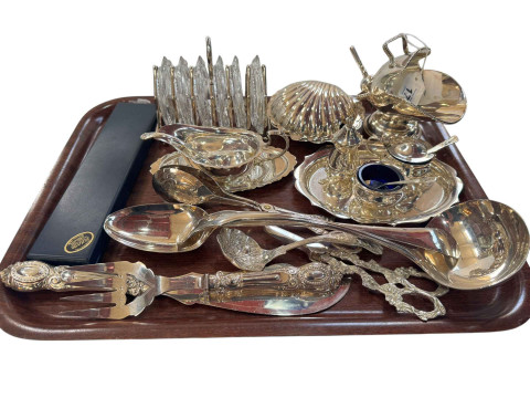 Collection of silver plated ware including butter dish, scuttle with scoop,...