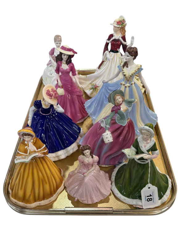 Collection of nine figurines including Coalport and Royal Doulton.