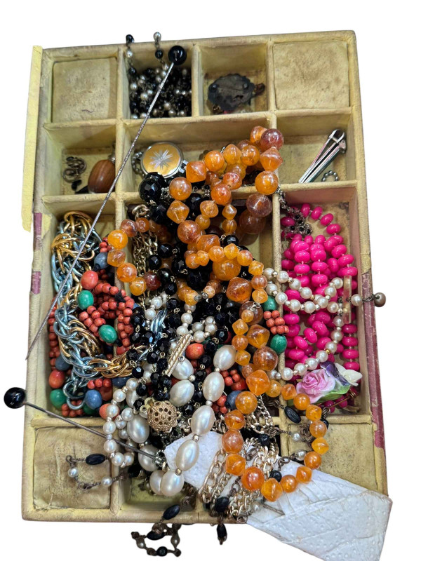 Two mahogany cutlery trays and cutlery, a small Armand Marseilles bisque head doll, walnut box with costume jewellery and brass cased carriage clock with case.