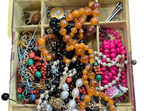 Two mahogany cutlery trays and cutlery, a small Armand Marseilles bisque head doll, walnut box with costume jewellery and brass cased carriage clock with case. thumbnail
