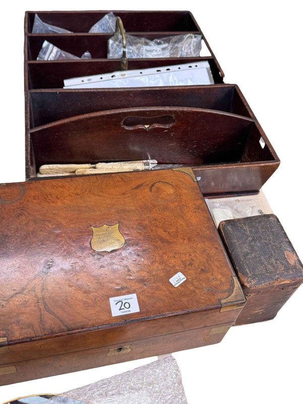 Two mahogany cutlery trays and cutlery, a small Armand Marseilles bisque head doll, walnut box with costume jewellery and brass cased carriage clock with case.