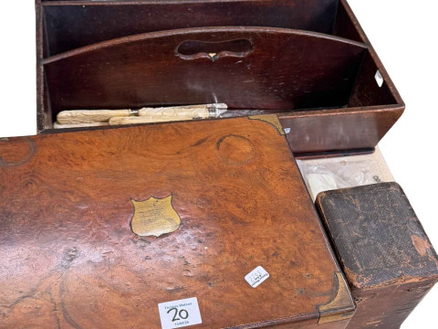 Two mahogany cutlery trays and cutlery, a small Armand Marseilles bisque...