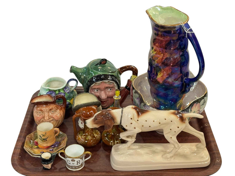 Two Royal Worcester octagonal fruit decorated pin dishes signed Townsend & Price, and small Worcester blush tankard, Royal Crown Derby small loving cup, pair of small Linthorpe ewers, Maling jug and bowl, etc.