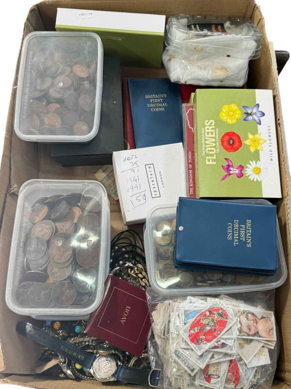 Collection of coins and tokens, costume jewellery, thimbles, stamp album, etc.