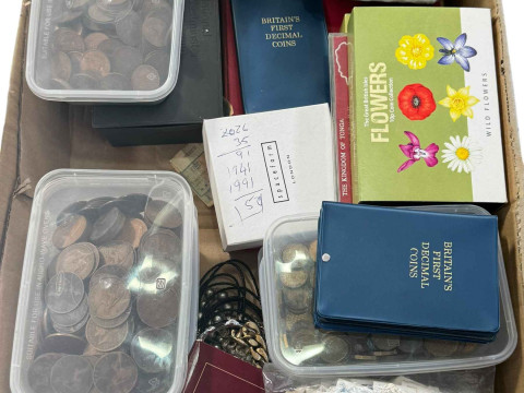 Collection of coins and tokens, costume jewellery, thimbles, stamp album,...