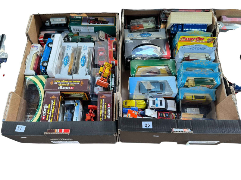 Six boxes of boxed and loose model vehicles including wagons and buses.