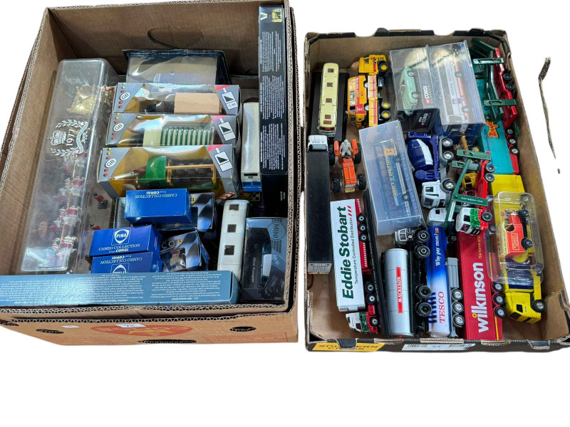 Six boxes of boxed and loose model vehicles including wagons and buses.