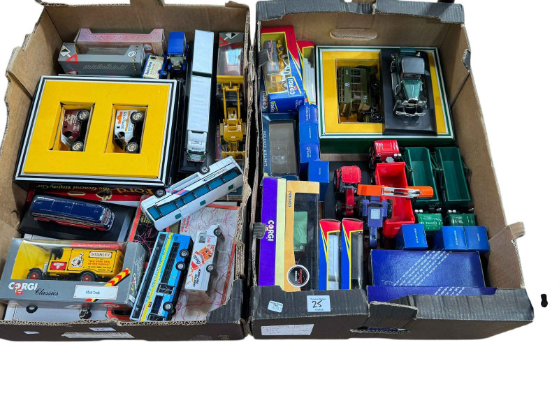 Six boxes of boxed and loose model vehicles including wagons and buses.