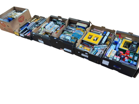 Six boxes of boxed and loose model vehicles including wagons and buses.