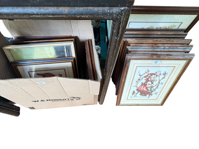 Six boxes of china ornaments, meat plates, and collection of prints and Hummel embroideries.