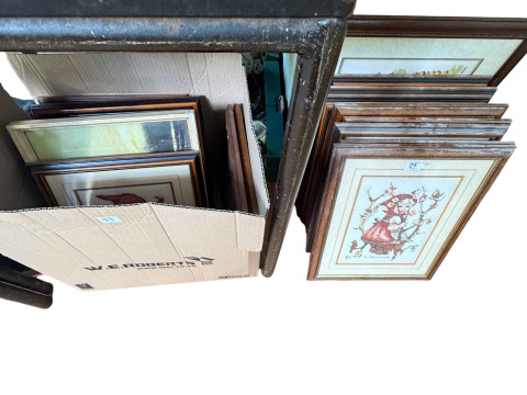 Six boxes of china ornaments, meat plates, and collection of prints and Hummel embroideries. thumbnail