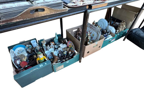 Six boxes of china ornaments, meat plates, and collection of prints and...