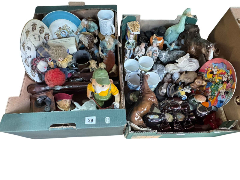 Six boxes of china ornaments, meat plates, and collection of prints and Hummel embroideries.