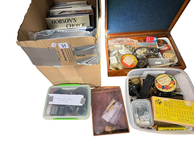 Collection of clock parts and accessories, clock related books, etc.