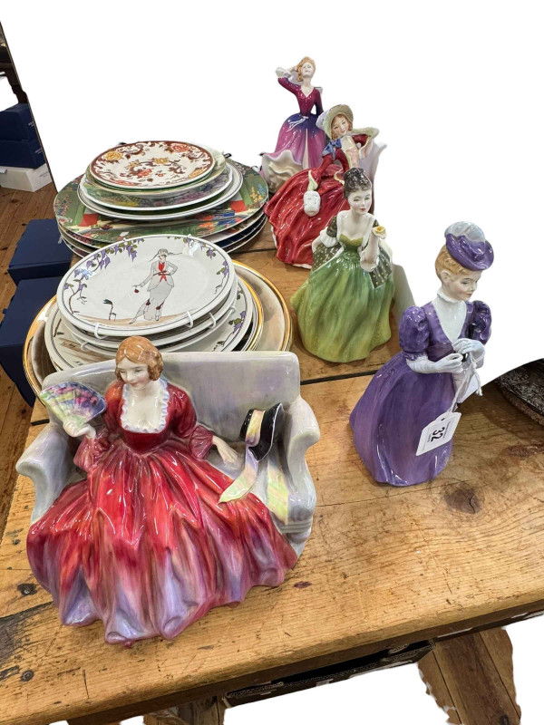 Four Royal Doulton and one Staffordshire figures, four Villeroy & Boch Jardins Francois wall plates and various other plates.