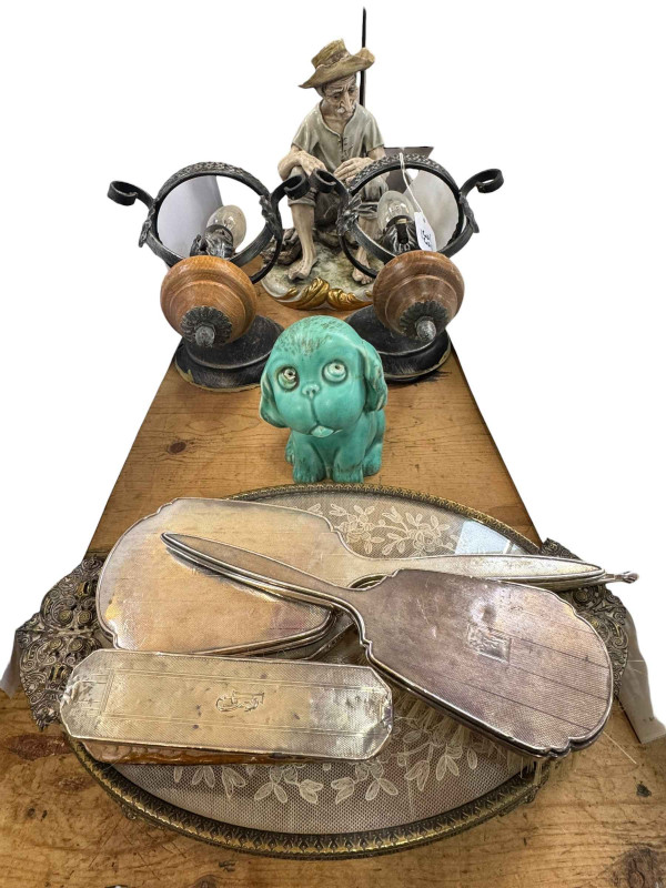Two silver backed mirrors and three brushes, pair of wall lights, Capo di Monte Fisherman figure, etc.