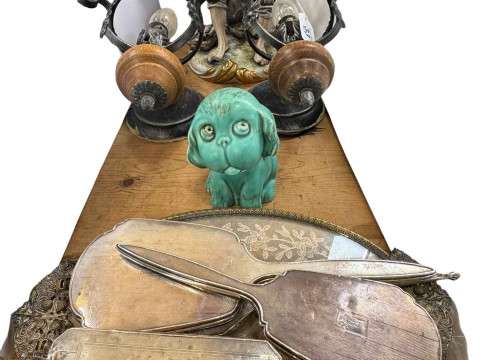 Two silver backed mirrors and three brushes, pair of wall lights, Capo...