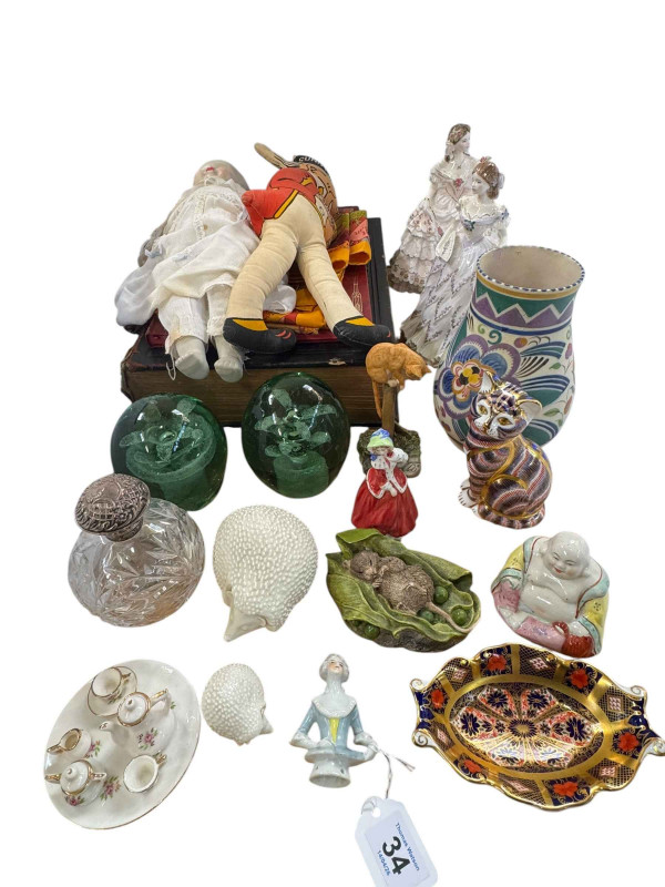 Two Royal Worcester figures, two Victorian green glass dumps, Poole vase, Royal Crown Derby pin dish and cat paperweight, Victorian bible, three faced doll, Hermes headscarf, etc.