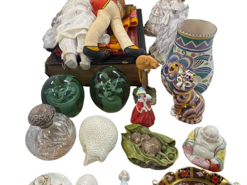 Two Royal Worcester figures, two Victorian green glass dumps, Poole vase,...