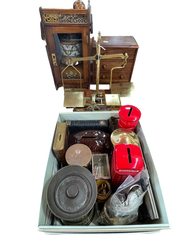 Smokers cabinet with Doulton Stoneware tobacco jar, miniature mahogany chest, two sets of postal scales, assorted money boxes, coins and wristwatches, etc.