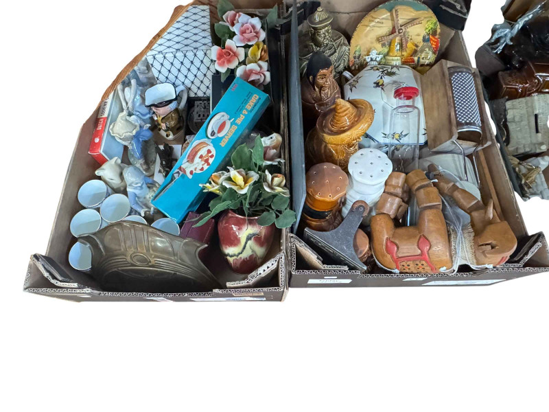 Four boxes of assorted china ornaments, two sets of kitchen scales and weights, etc.