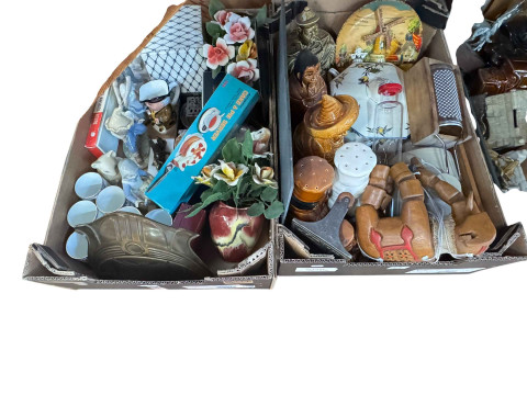 Four boxes of assorted china ornaments, two sets of kitchen scales and weights, etc. thumbnail