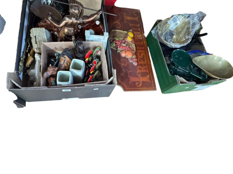 Four boxes of assorted china ornaments, two sets of kitchen scales and weights, etc. thumbnail