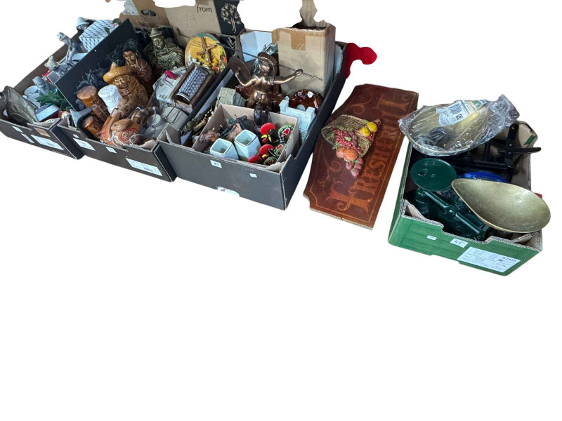 Four boxes of assorted china ornaments, two sets of kitchen scales and weights, etc.
