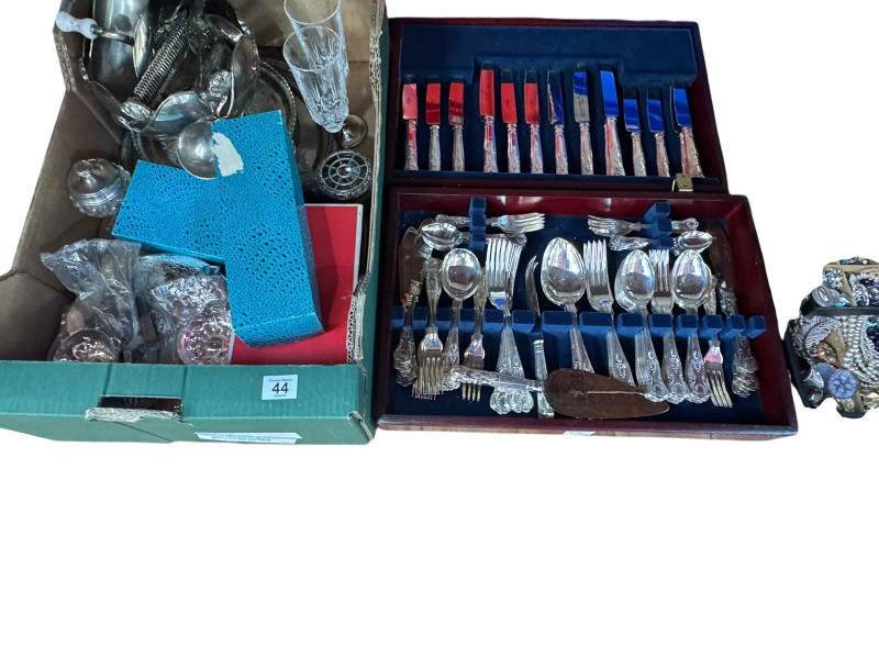 Canteen of cutlery, two boxes of costume jewellery, tin of coins and watches, silver plated ware and glassware, etc.