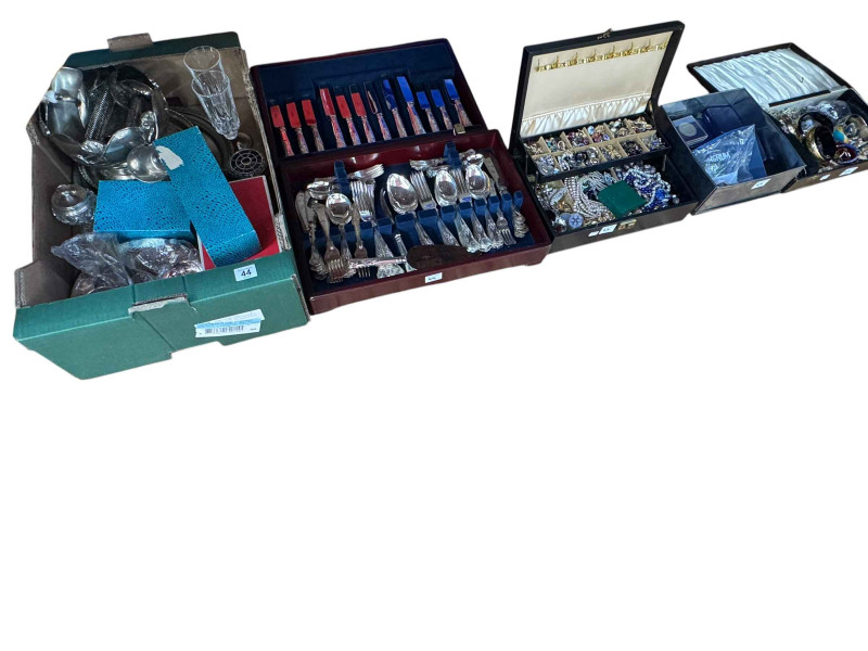 Canteen of cutlery, two boxes of costume jewellery, tin of coins and watches, silver plated ware and glassware, etc.