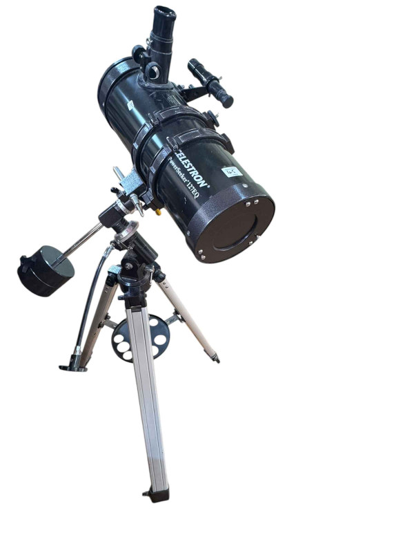 Collection of camera equipment including Nikon D7000 digital camera, Sigma F500mm lens, Nikon D90 camera, lenses and accessories, Celestron telescope, binoculars, monoscope, Staunton chess set, etc.