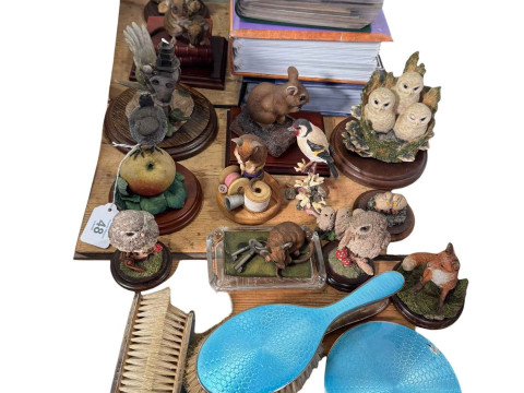 Five piece silver and enamel backed brush and mirror set, animal ornaments,...