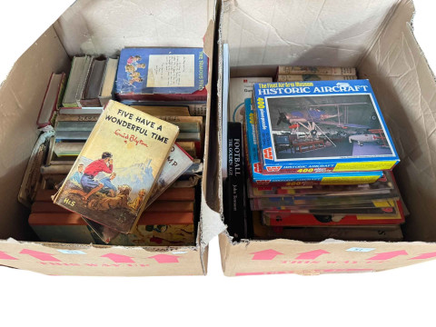 Two boxes of assorted books including Enid Blyton The Famous Five, Football...