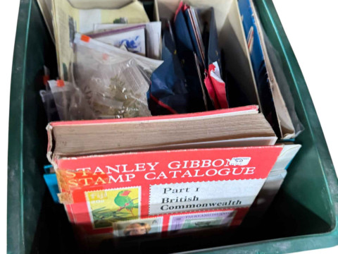 Box of stamps, albums and FDC's.